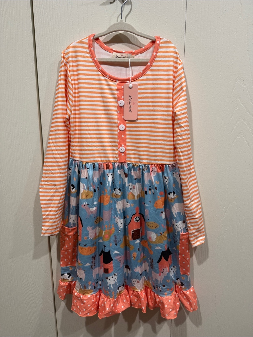 Girls Boutique Dress Barnyard Themed Swing Dress with Long Sleeves 3XL